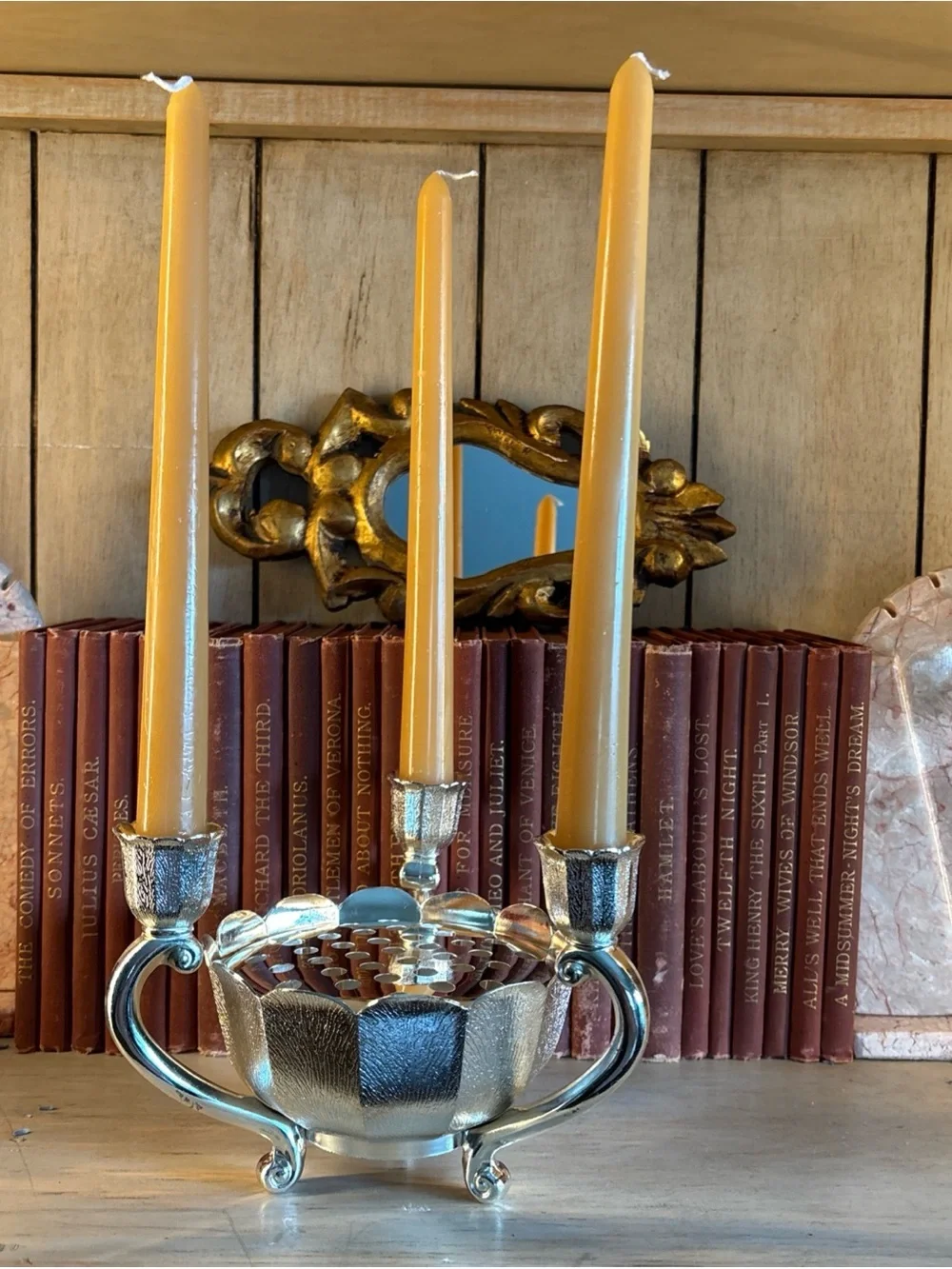WM A ROGERS Floral Centerpiece with Three Candle Holders